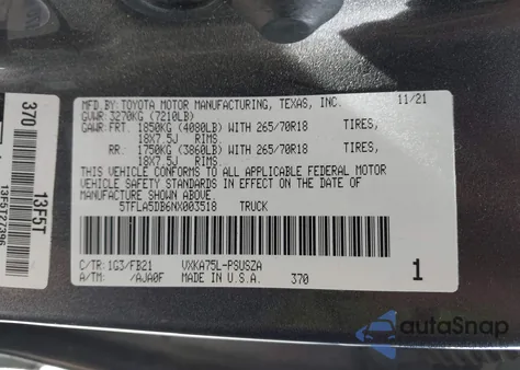 2022 Toyota Tundra Sr5 z USA, uszkodzony, nr VIN 5TFLA5DB6NX003518